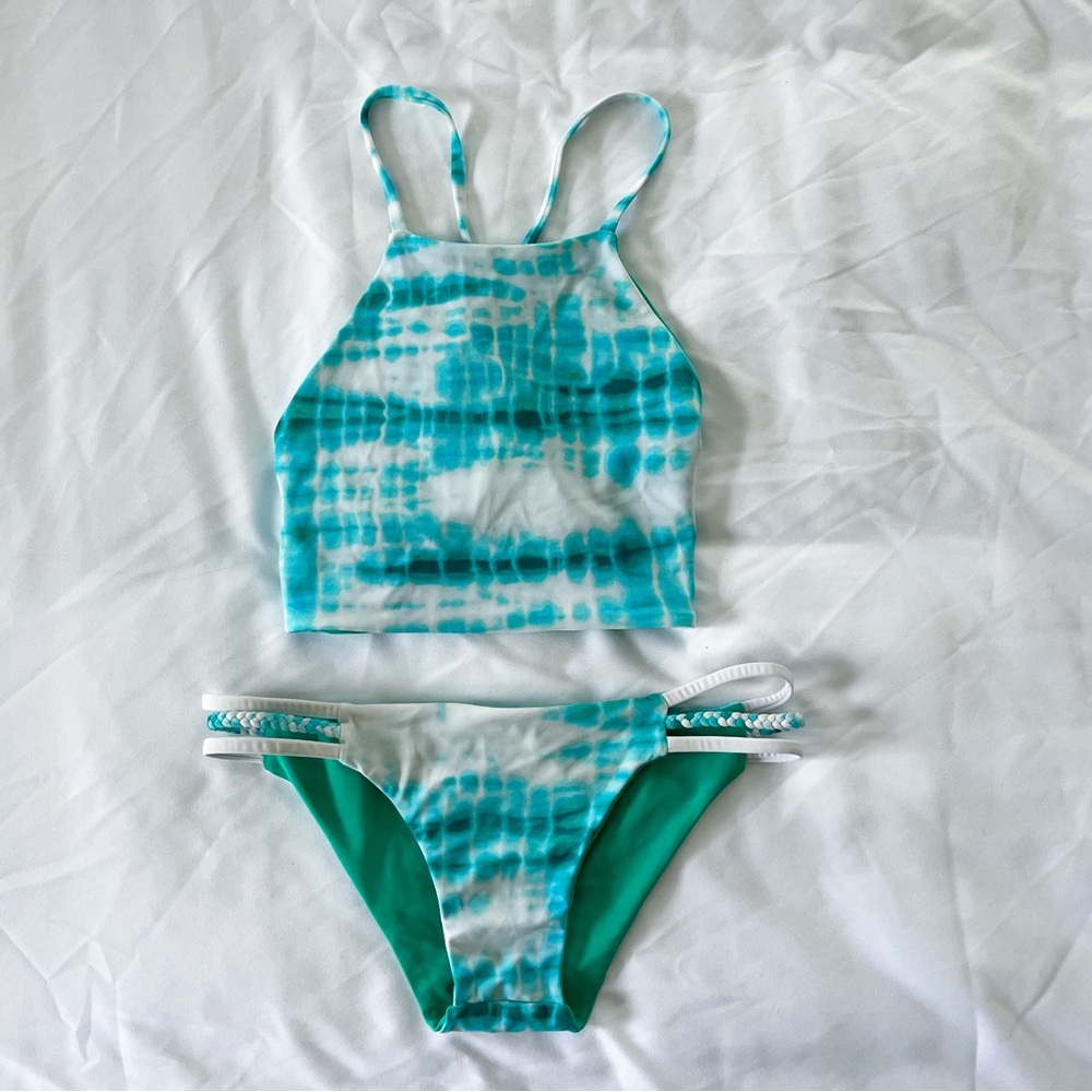 Aquamarine Small Tie-dye Halter Neck Bikini Top and XS Tie-dye Cheeky Bottom